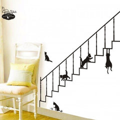Playful Black Cats On Staircase Railing Removable Wall Sticker Decal
