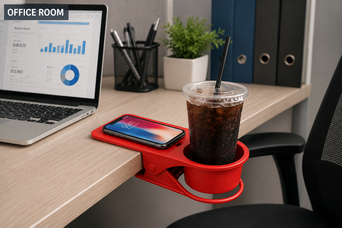 Red Clip-On Desk Cup Holder for Drinks and Tumblers