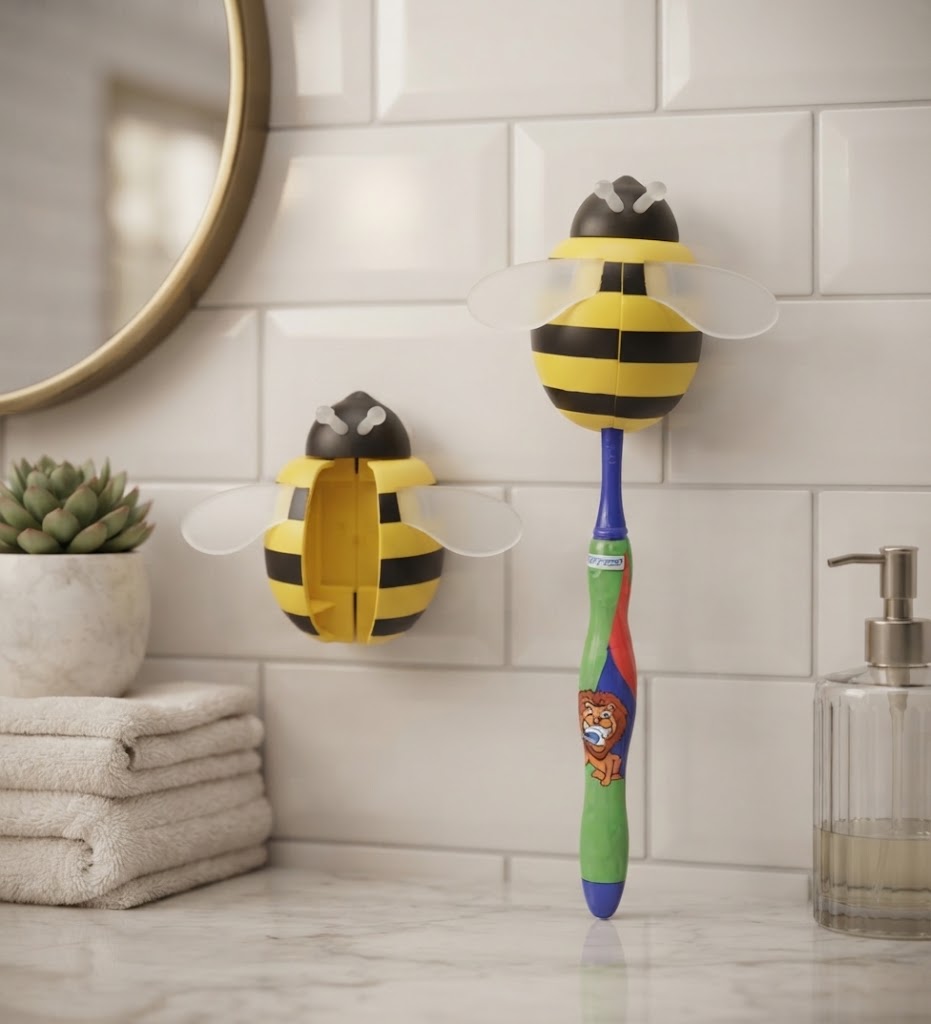 Cute Little Bee Cartoon Wall Mounted Plastic Toothbrush Holder Storage