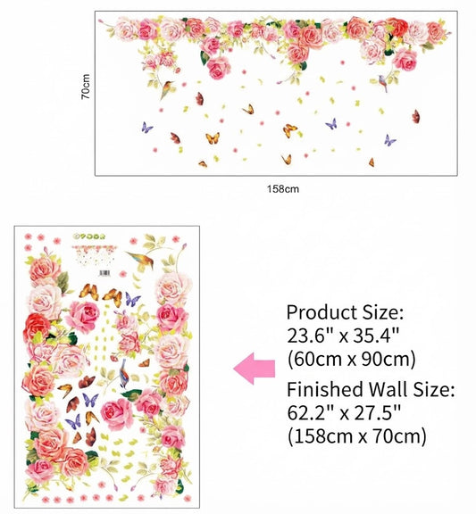 Pink Rose Floral Wall Stickers with Butterflies and Birds Décor