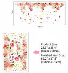 Pink Rose Floral Wall Stickers with Butterflies and Birds Décor