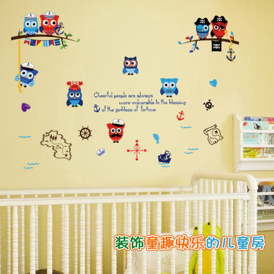 Cartoon Lovely Pirate Owl Wall Sticker SK-7103 Colorful Owl Wall Paper For Kids Room PVC Removeable Wall Decor