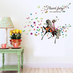 Flower Fairy Girl Riding Horse with Colorful Butterflies Wall Decal