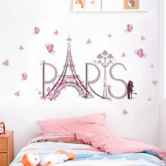 Paris Eiffel Tower Pink Butterfly Wall Sticker Romantic Bedroom Decor