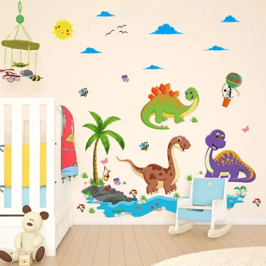 Cute Dinosaur Wall Sticker for Kids Room & Nursery Fun, Colorful Design with Trees, Clouds & Cartoon Animals.