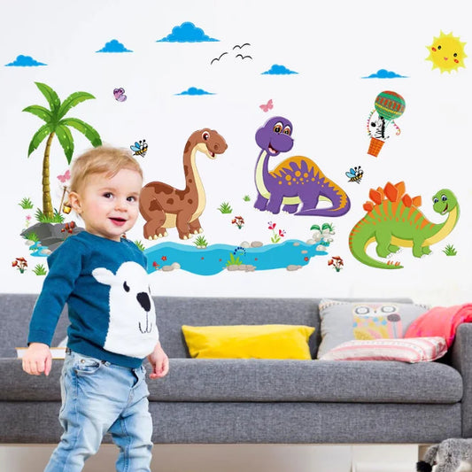 Cute Dinosaur Wall Sticker for Kids Room & Nursery Fun, Colorful Design with Trees, Clouds & Cartoon Animals.