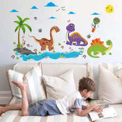 Cute Dinosaur Wall Sticker for Kids Room & Nursery Fun, Colorful Design with Trees, Clouds & Cartoon Animals.