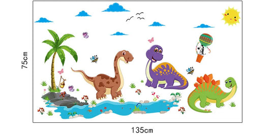 Cute Cartoon Dinosaurs Palm Tree Clouds Kids Room Wall Sticker