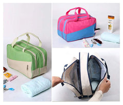 Green and Beige Dual-Tone Travel Cosmetic Pouch with Top Handles
