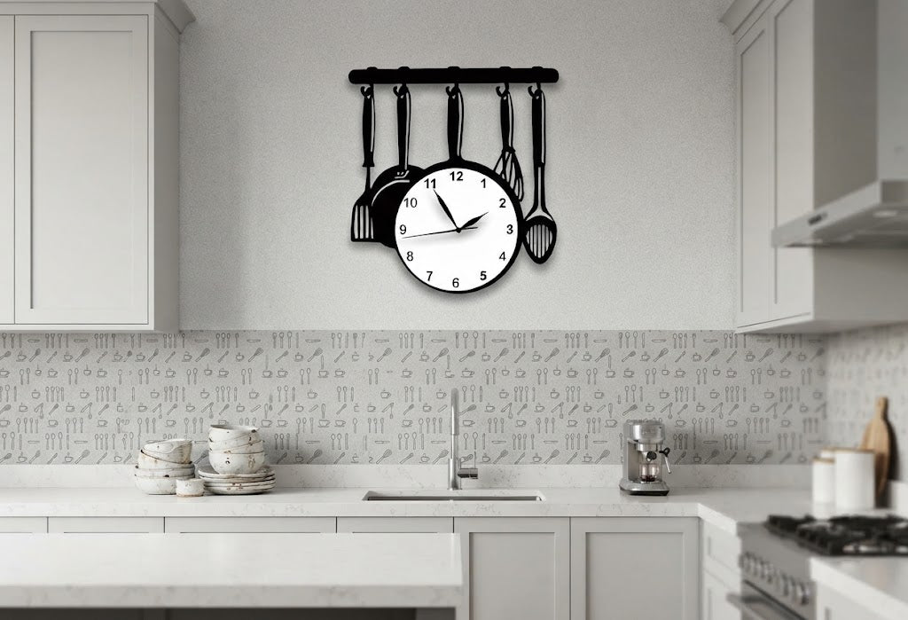 Kitchen Utensil Cookware Frying Pan Wall Clock Sticker Set
