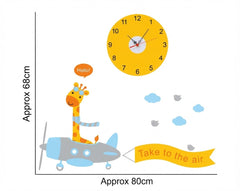 Cute Giraffe Flying Airplane Theme Wall Sticker Clock With Banner