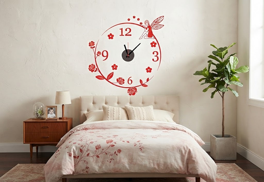 Red Fairy And Rose Floral Circle Wall Clock Decal