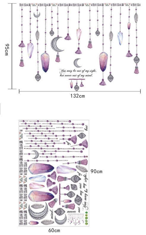 Bohemian Purple Crystal Moon Hanging Beads Wall Decal Sticker
