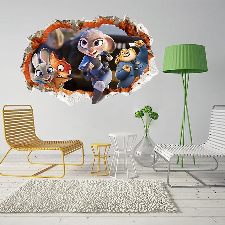 3D Cracked Wall Hole Zootopia Wall Sticker – Judy Hopps & Nick Wilde Cartoon Vinyl Decal for Kids Room