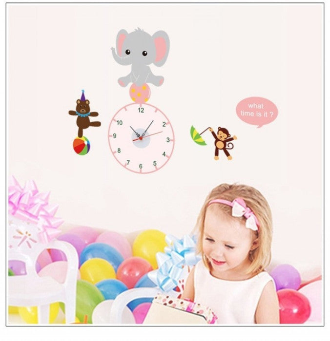 Clocks For Wall Cute Elephant Sticker With Clock For Kids Room.