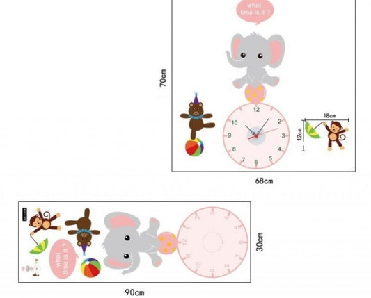 Cute Animal Circus Elephant And Monkeys Kids Wall Clock