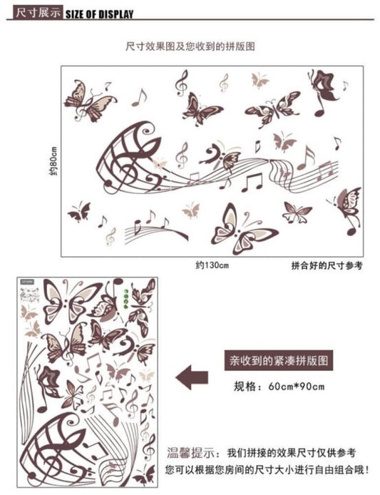 Musical Butterfly Wall Sticker Black Music Notes Wall Paper PV Home Wall Art Decor Self Adhesive