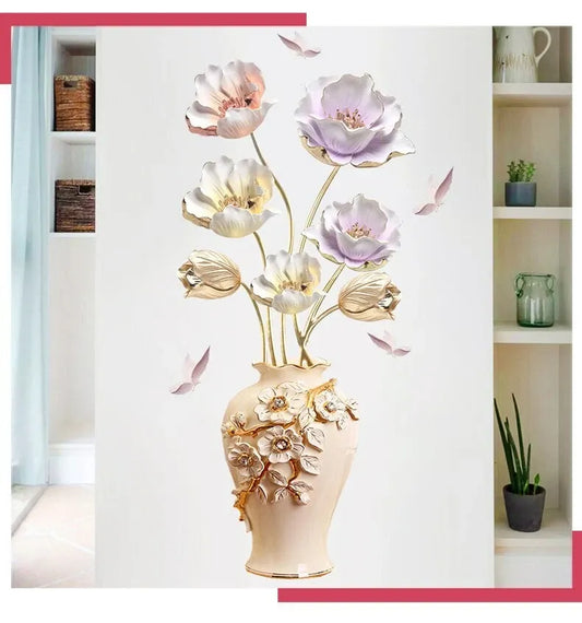 3D Flower Vase Wall Sticker Elegant Pastel Floral Design Self-Adhesive Wall Art for Living Room, Bedroom & Entryway.