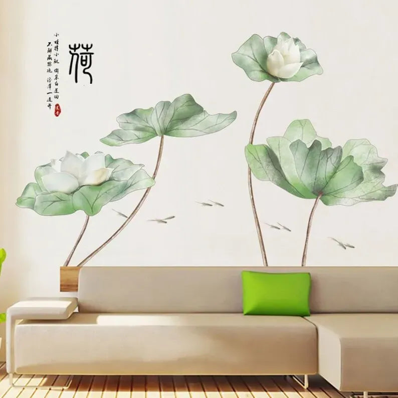 3D Green Lotus Wall Sticker Elegant Self-Adhesive Floral Art for Living Room & Drawing Room.