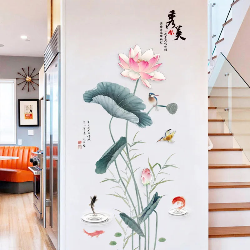 3D Pink & Green Lotus Wall Sticker Beautiful Floral Design for Living Room & Drawing Room.