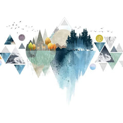 Geometric Triangle Mountains & Planets Wall Sticker Dreamy Removable Design for Living Room & Lobby.