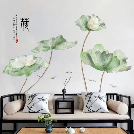 3D Green Lotus Wall Sticker Elegant Self-Adhesive Floral Art for Living Room & Drawing Room.