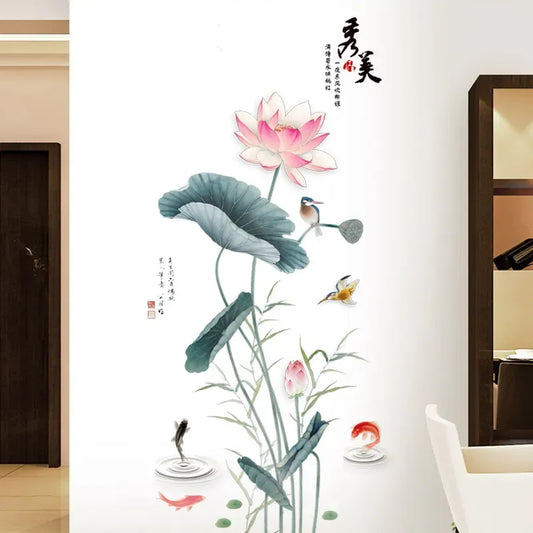 3D Pink & Green Lotus Wall Sticker Beautiful Floral Design for Living Room & Drawing Room.