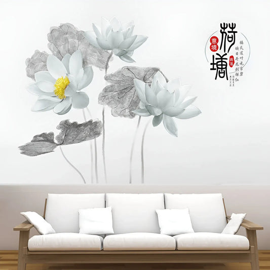 Chinese Ink Style Lotus Wall Sticker Minimalist Floral Art Elegant Self Adhesive Décor for Living Room or Study Walls.