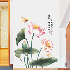 3D Pink & Green Lotus Wall Sticker Waterproof Self-Adhesive PVC Design for Living Room Walls.