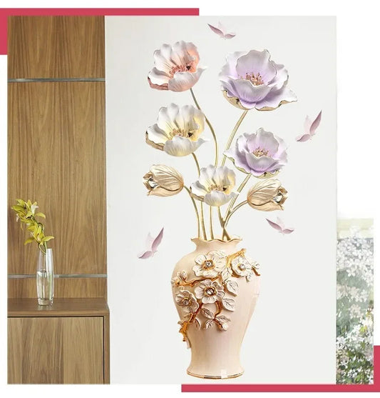 3D Flower Vase Wall Sticker Elegant Pastel Floral Design Self-Adhesive Wall Art for Living Room, Bedroom & Entryway.