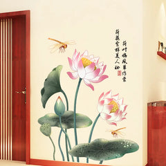 3D Pink & Green Lotus Wall Sticker Waterproof Self-Adhesive PVC Design for Living Room Walls.