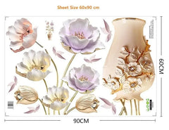 3D Flower Vase Wall Sticker Elegant Pastel Floral Design Self-Adhesive Wall Art for Living Room, Bedroom & Entryway.
