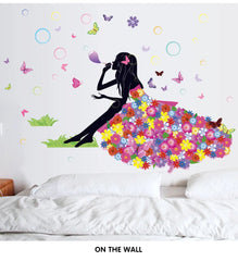 Colorful Flower Dress Girl And Butterflies Removable Wall Decal