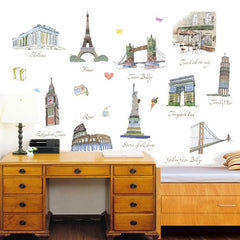 Famous World Landmarks Travel Sketch Watercolor Removable Vinyl Wall Sticker