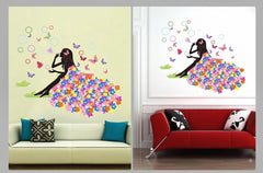 Colorful Flower Dress Girl And Butterflies Removable Wall Decal