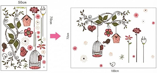 Floral Bird Cage & Branches Removable Wall Sticker for Living Room