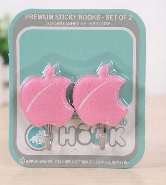 2 Pack Pink Apple Shaped Adhesive Wall Hooks Heavy Duty Hangers Set