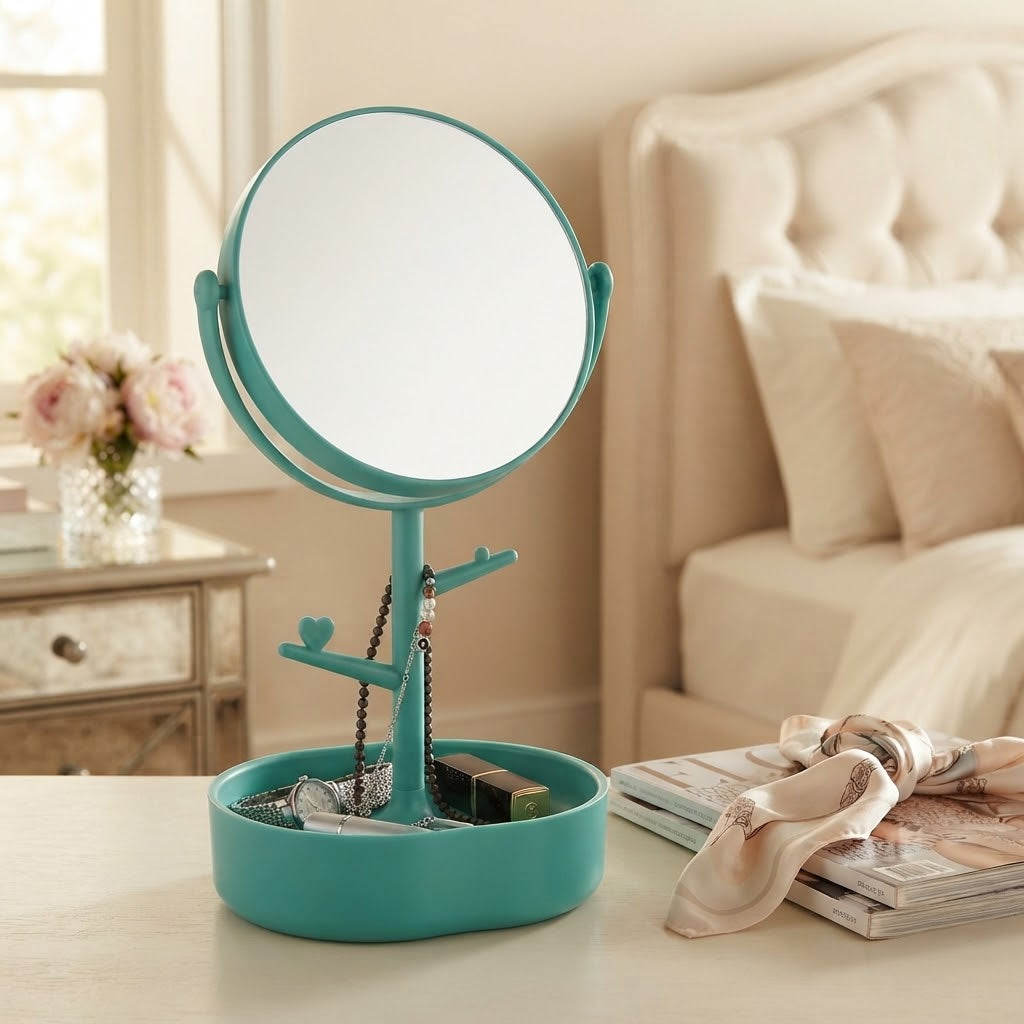 Tree Shaped Jewelry Stand Organizer With Rotating Makeup Mirro