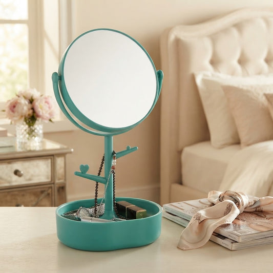 Tree Shaped Jewelry Stand Organizer With Rotating Makeup Mirro