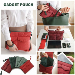 Dark Green and Red Quilted Gadget Pouch with Multiple Compartments