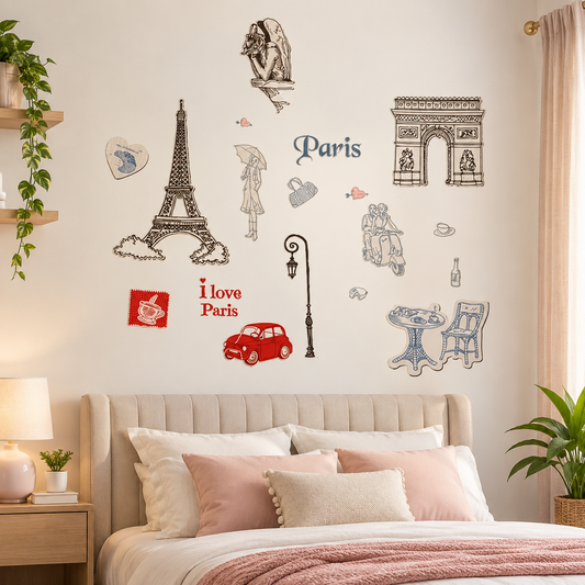 Paris Themed Wall Sticker Sheet Removable Peel and Stick Decor