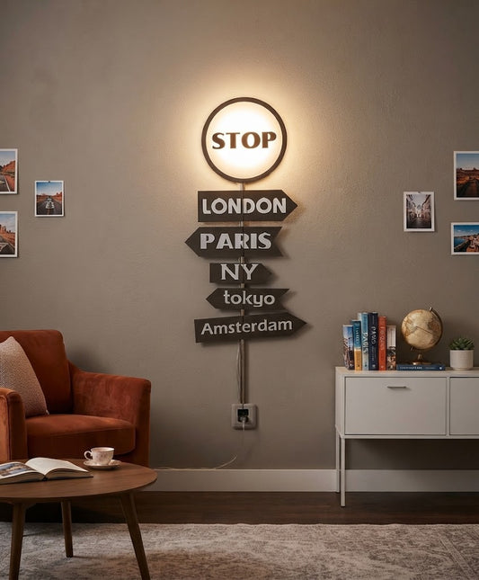 World City Signpost Stop Sign Wall Sticker Clock With LED Light
