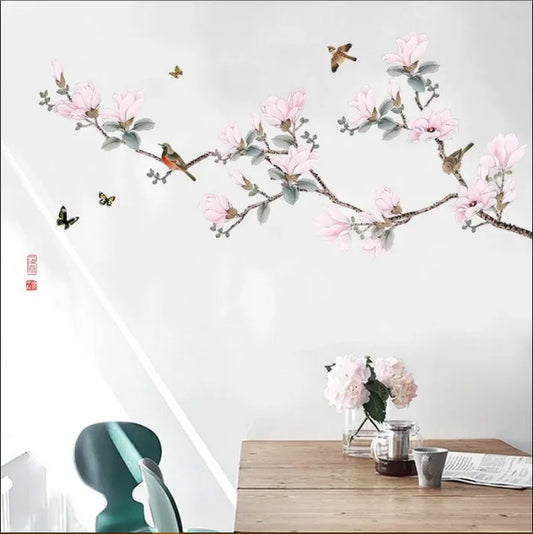 Magnolia Flower Wall Sticker with Birds & Butterflies Elegant Branch Design for Bedroom, Lounge & Study Walls