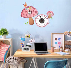 Pink Mushroom House Rabbit And Rooster Kids Wall Clock