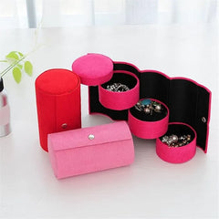 Pink Velvet Foldable 4-Tier Rotating Cylinder Jewelry Storage Box