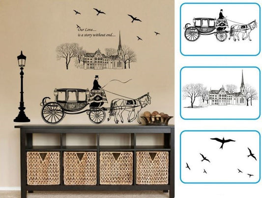Horse Carriage Wall Sticker JM7307 Black Vintage Wall Paper PVC Removeable Wall Decor