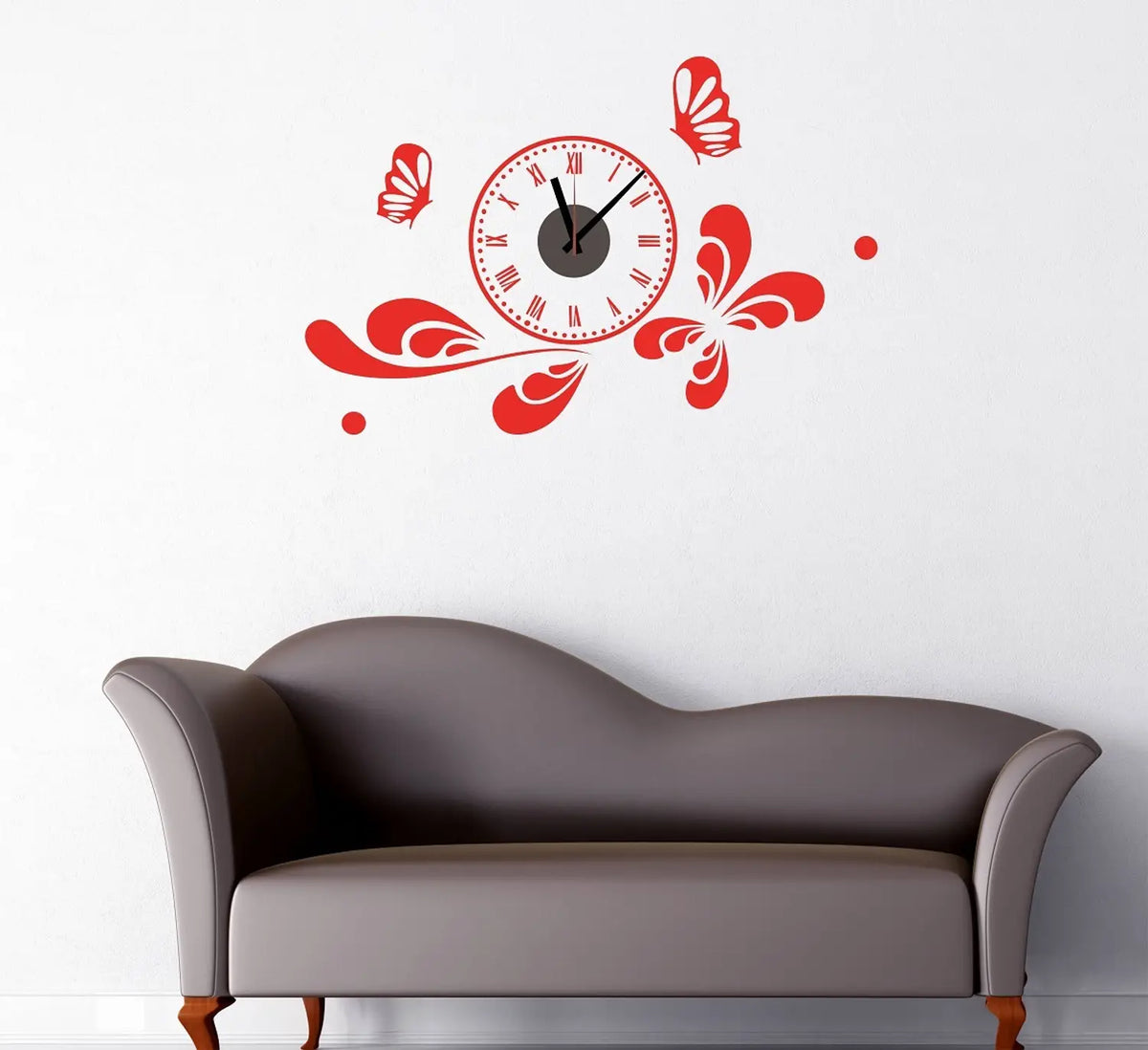 Red Butterfly Floral Motif Wall Clock With Roman Numerals