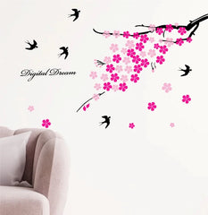 Pink Cherry Blossom Tree Branches with Flying Birds Wall Decal
