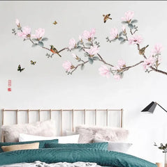 Magnolia Flower Wall Sticker with Birds & Butterflies Elegant Branch Design for Bedroom, Lounge & Study Walls