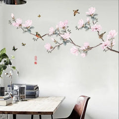 Magnolia Flower Wall Sticker with Birds & Butterflies Elegant Branch Design for Bedroom, Lounge & Study Walls